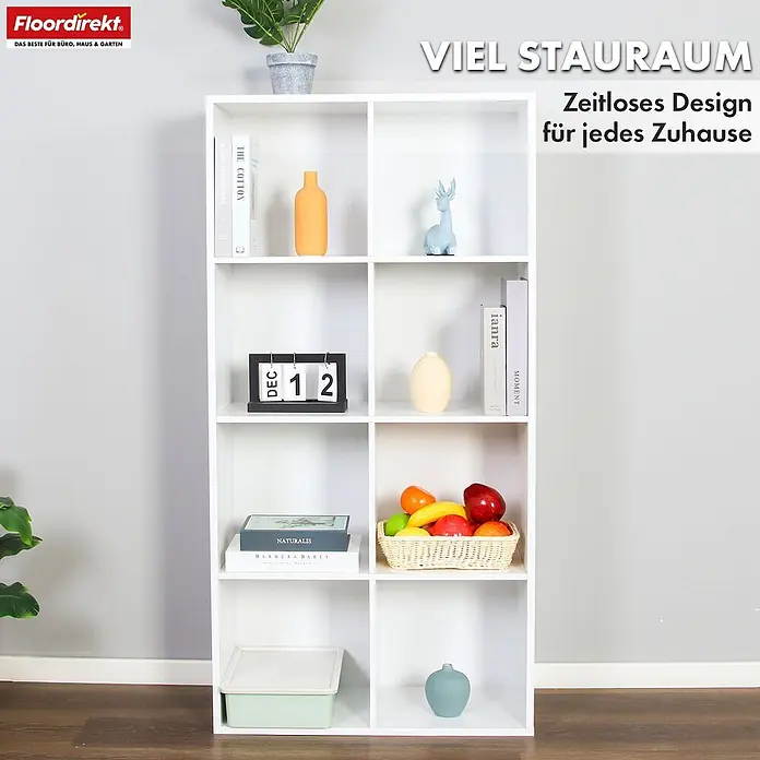Floordirekt Holzregal Bücherregal Arkansas mit 8 Fächern - Anzahl Böden: 8 Stk., Schrauben - Weißes modulares Regal mit acht Fächern, präsentiert Bücher, Deko und Aufbewahrung, ideal für die Heimeinrichtung.