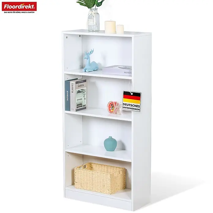 Floordirekt Holzregal Bücherregal Maine mit 4 Etagen - Anzahl Böden: 4 Stk., Schrauben - Weißes Holzregal mit vier Ablagefächern, ideal für Bücher und Dekorationen.
