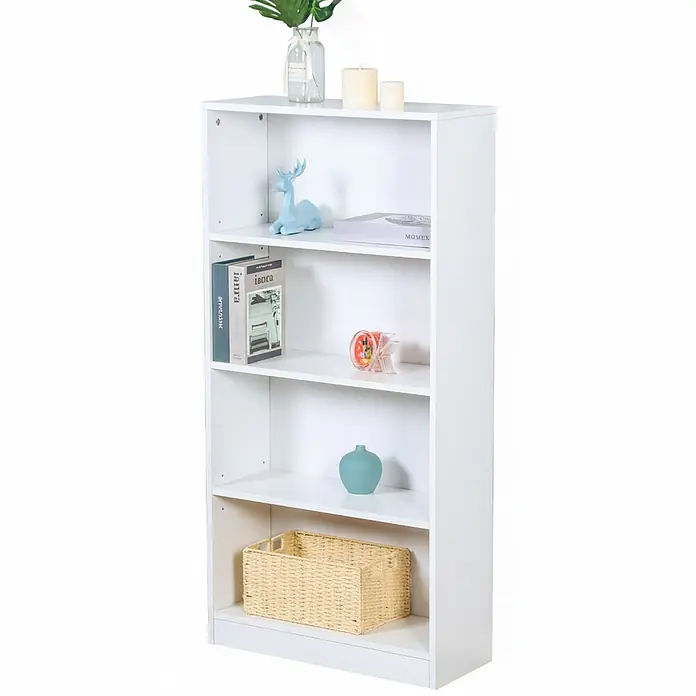 Floordirekt Holzregal Bücherregal Maine mit 4 Etagen - Anzahl Böden: 4 Stk., Schrauben - Weißes 5-stufiges Bücherregal aus Holz mit offenen Fächern, das Bücher und Dekoartikel zeigt.
