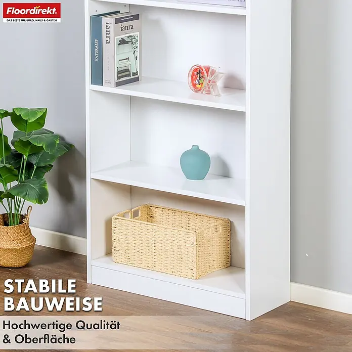 Floordirekt Holzregal Bücherregal Maine mit 4 Etagen - Anzahl Böden: 4 Stk., Schrauben - Weißes 4-stöckiges Regal für vielseitige Aufbewahrung von Büchern und Dekorationen im Haus oder Büro.