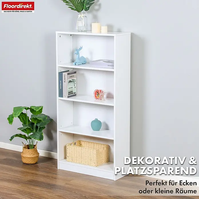 Floordirekt Holzregal Bücherregal Maine mit 4 Etagen - Anzahl Böden: 4 Stk., Schrauben - Weißes 4-stöckiges Regal, kompakt und dekorativ, gefüllt mit Büchern und Dekoartikeln, ideal für kleine Räume.