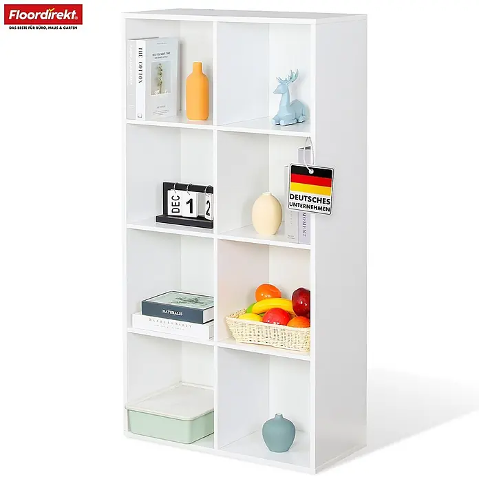 Floordirekt Holzregal Bücherregal Arkansas mit 8 Fächern - Anzahl Böden: 8 Stk., Schrauben - Weißes 8-Fächer Würfelregal, ideal zur Organisation und Präsentation von Gegenständen.