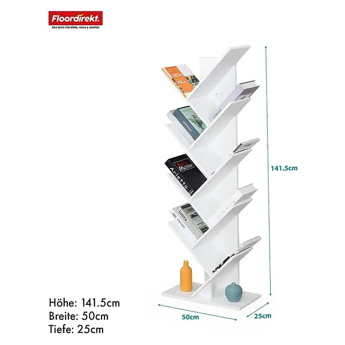 Floordirekt Holzregal Bücherregal Louisiana mit 9 Etagen - Anzahl Böden: 9 Stk., Schrauben - Weißes baumförmiges Bücherregal mit mehreren Ablagen für Bücher, 141,5cm hoch, 50cm breit, 25cm tief.