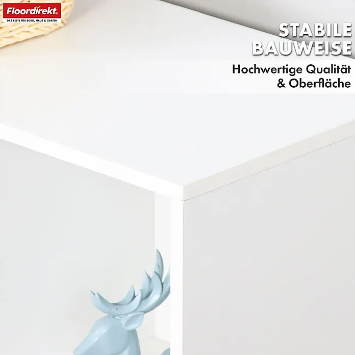 Floordirekt Holzregal Bücherregal California mit 4 Fächern - Anzahl Böden: 4 Stk., Schrauben - Weißes, stabiles Regal mit klaren Linien und glatter Oberfläche, eine blaue Hirschfigur zeigend.