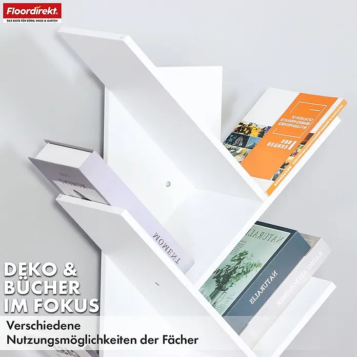 Floordirekt Holzregal Bücherregal Louisiana mit 9 Etagen - Anzahl Böden: 9 Stk., Schrauben - Weißes, baumförmiges Bücherregal mit Büchern gefüllt.