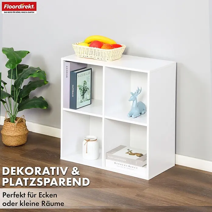 Floordirekt Holzregal Bücherregal California mit 4 Fächern - Anzahl Böden: 4 Stk., Schrauben - Weißes 4-Fächer-Regal, ideal für Dekoartikel und kleine Räume.