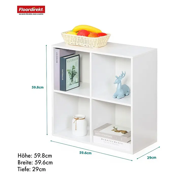 Floordirekt Holzregal Bücherregal California mit 4 Fächern - Anzahl Böden: 4 Stk., Schrauben - Weißes Würfelregal mit vier Fächern, H: 59,8cm, B: 59,6cm, T: 29cm.