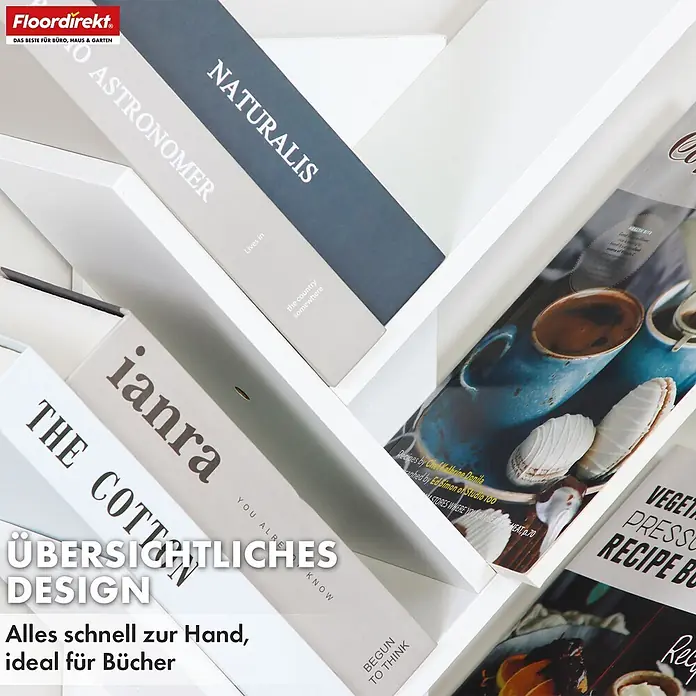 Floordirekt Holzregal Bücherregal Louisiana mit 9 Etagen - Anzahl Böden: 9 Stk., Schrauben - Weißes Zickzack-Regal mit Büchern für übersichtliche Aufbewahrung.