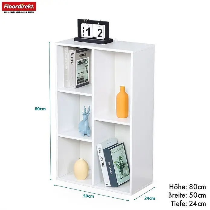 Floordirekt Holzregal Bücherregal Arkansas mit 5 Fächern - Anzahl Böden: 5 Stk., Schrauben - Weißes Holzregal mit 6 Fächern. Maße: H80xB50xT24cm.