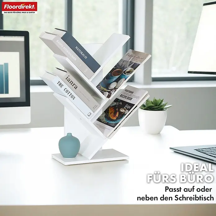 Floordirekt Holzregal Bücherregal Louisiana mit 5 Etagen - Anzahl Böden: 5 Stk., Schrauben - Weißes baumförmiges Bücherregal mit Büchern, ideal für Schreibtisch oder Büro.