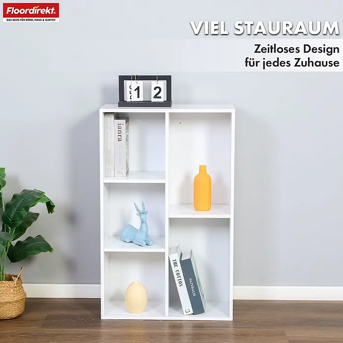 Floordirekt Holzregal Bücherregal Arkansas mit 5 Fächern - Anzahl Böden: 5 Stk., Schrauben - Weißes Regal mit mehreren Fächern für Bücher und Dekoration in einem Wohnraum.