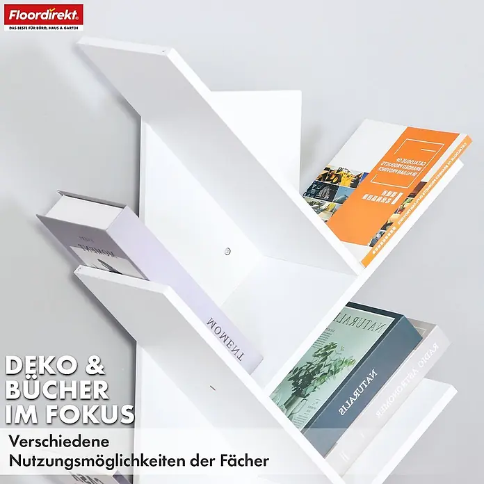 Floordirekt Holzregal Bücherregal Louisiana mit 5 Etagen - Anzahl Böden: 5 Stk., Schrauben - Weißes, modernes Regal mit schrägen Fächern, gefüllt mit Büchern.