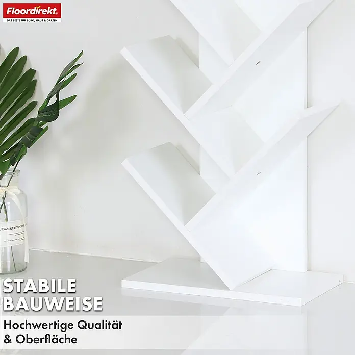 Floordirekt Holzregal Bücherregal Louisiana mit 5 Etagen - Anzahl Böden: 5 Stk., Schrauben - Weißes baumförmiges Bücherregal, Betonung auf stabiler Bauweise und hochwertiger Oberfläche.