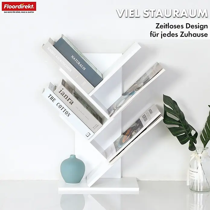 Floordirekt Holzregal Bücherregal Louisiana mit 5 Etagen - Anzahl Böden: 5 Stk., Schrauben - Weißes baumförmiges Bücherregal, gefüllt mit Büchern und Zeitschriften, in modernem Ambiente.