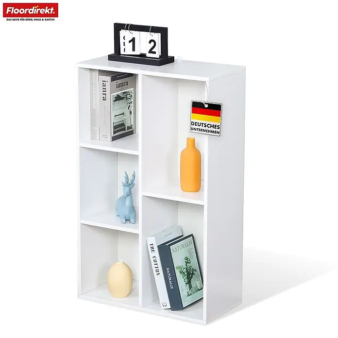 Floordirekt Holzregal Bücherregal Arkansas mit 5 Fächern - Anzahl Böden: 5 Stk., Schrauben - Weißes 6-Fächer-Regal mit Dekoartikeln.