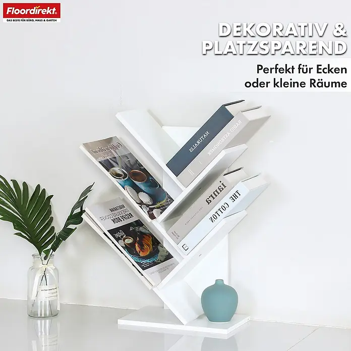 Floordirekt Holzregal Bücherregal Louisiana mit 5 Etagen - Anzahl Böden: 5 Stk., Schrauben - Weißes, baumförmiges Bücherregal, dekorativ und platzsparend, ideal für Ecken oder kleine Räume.