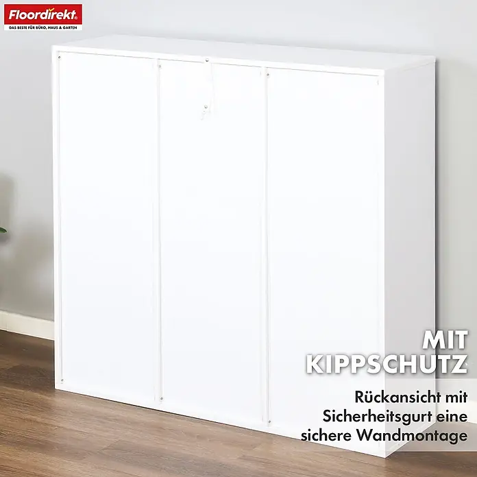 Floordirekt Holzregal Bücherregal Arkansas mit 9 Fächern - Anzahl Böden: 9 Stk., Schrauben - Weißer Schuhschrank mit drei Türen, ausgestattet mit einem Kippschutzgurt zur sicheren Wandmontage.