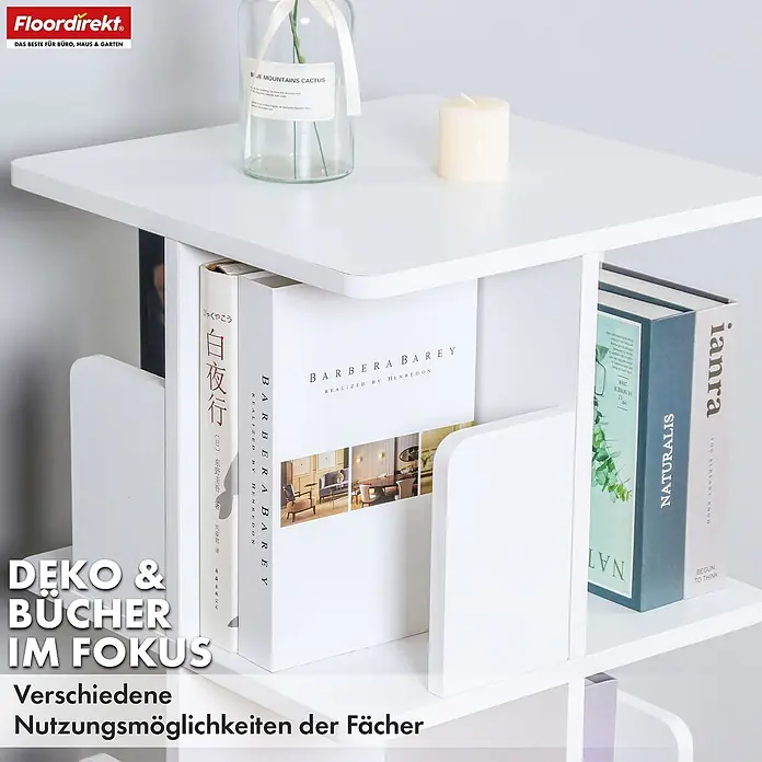 Floordirekt Holzregal Bücherregal Indiana mit 3 Etagen - Anzahl Böden: 12 Stk., Schrauben - Weißes mehrstöckiges Regal/Beistelltisch mit integrierten Fächern, ordentlich gefüllt mit Büchern und Dekoartikeln.