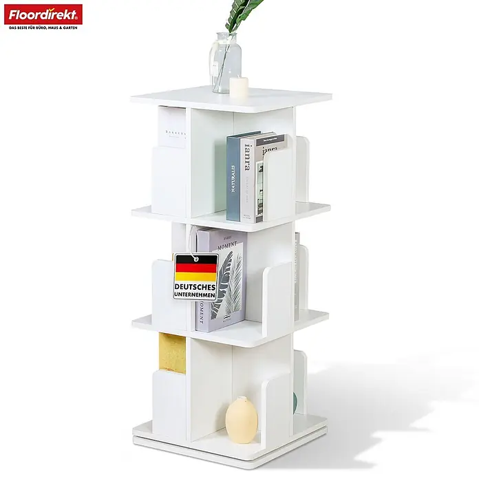 Floordirekt Holzregal Bücherregal Indiana mit 3 Etagen - Anzahl Böden: 12 Stk., Schrauben - Weißes drehbares Bücherregal mit Büchern und einem Etikett „Deutsches Unternehmen“.