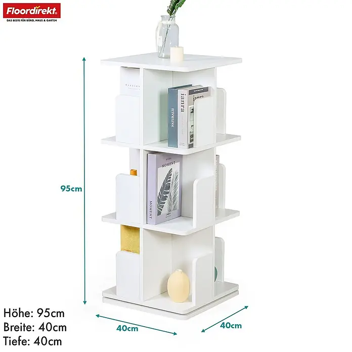 Floordirekt Holzregal Bücherregal Indiana mit 3 Etagen - Anzahl Böden: 12 Stk., Schrauben - Weißes, drehbares Bücherregal, 95 cm hoch, 40 cm breit, 40 cm tief.