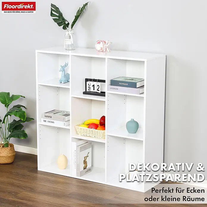 Floordirekt Holzregal Bücherregal Arkansas mit 9 Fächern - Anzahl Böden: 9 Stk., Schrauben - Weißes moduläres Würfelregal mit 9 Fächern für dekorative und platzsparende Aufbewahrung, ideal für kleine Räume.