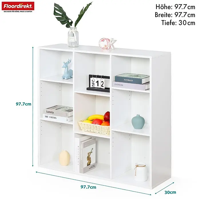 Floordirekt Holzregal Bücherregal Arkansas mit 9 Fächern - Anzahl Böden: 9 Stk., Schrauben - Weißes Würfelregal (97,7x97,7x30 cm) für Bücher und Dekoration.