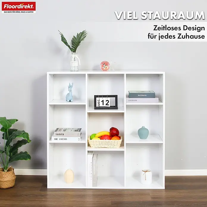 Floordirekt Holzregal Bücherregal Arkansas mit 9 Fächern - Anzahl Böden: 9 Stk., Schrauben - Weißes Würfelregal mit 9 Fächern, das Bücher, Dekorationen und einen Obstkorb präsentiert und vielseitigen Stauraum für Zuhause bietet.