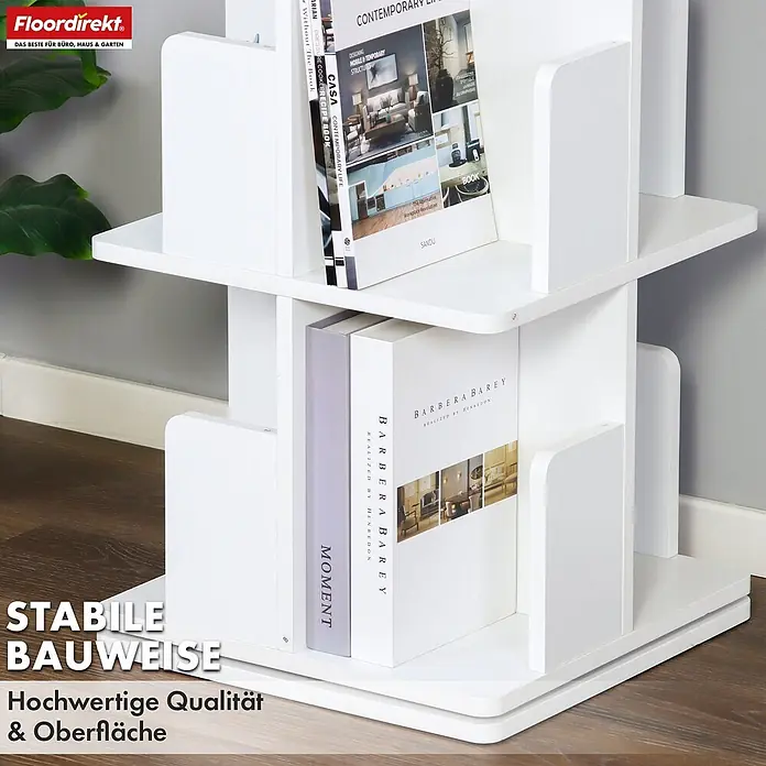 Floordirekt Holzregal Bücherregal Indiana mit 3 Etagen - Anzahl Böden: 12 Stk., Schrauben - Weißes, mehrstöckiges, drehbares Bücherregal mit mehreren Büchern.