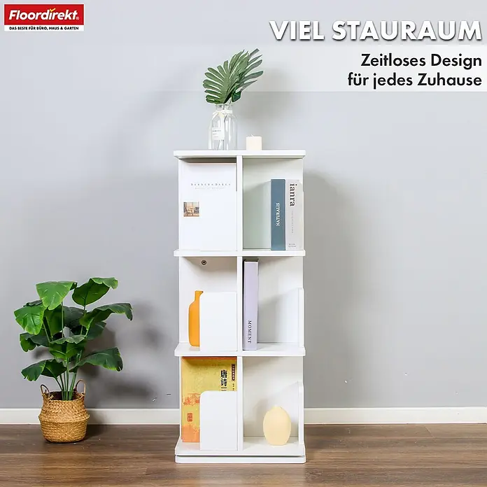Floordirekt Holzregal Bücherregal Indiana mit 3 Etagen - Anzahl Böden: 12 Stk., Schrauben - Weißes drehbares Würfelregal mit mehreren Fächern, geeignet für Bücher und Dekoration.