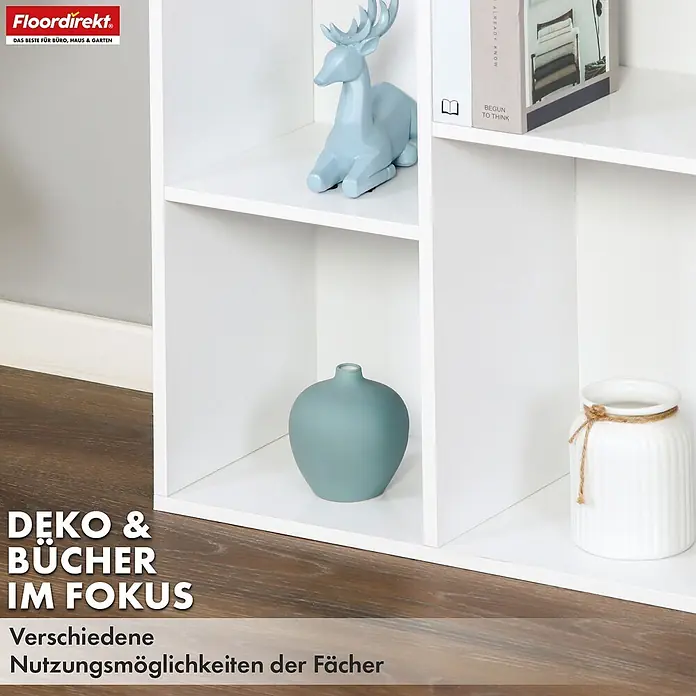 Floordirekt Holzregal Bücherregal Arkansas mit 9 Fächern - Anzahl Böden: 9 Stk., Schrauben - Weißes Würfelregal mit mehreren Fächern zur Präsentation von Dekoartikeln und Büchern.