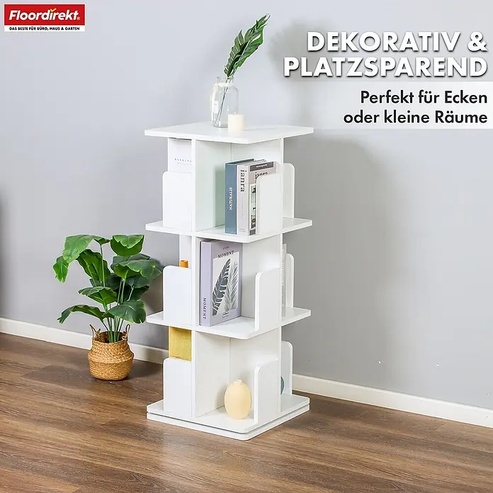 Floordirekt Holzregal Bücherregal Indiana mit 3 Etagen - Anzahl Böden: 12 Stk., Schrauben - Weißes drehbares Bücherregal, ideal für kleine Räume, mit mehreren Ablagen für Bücher und Deko.