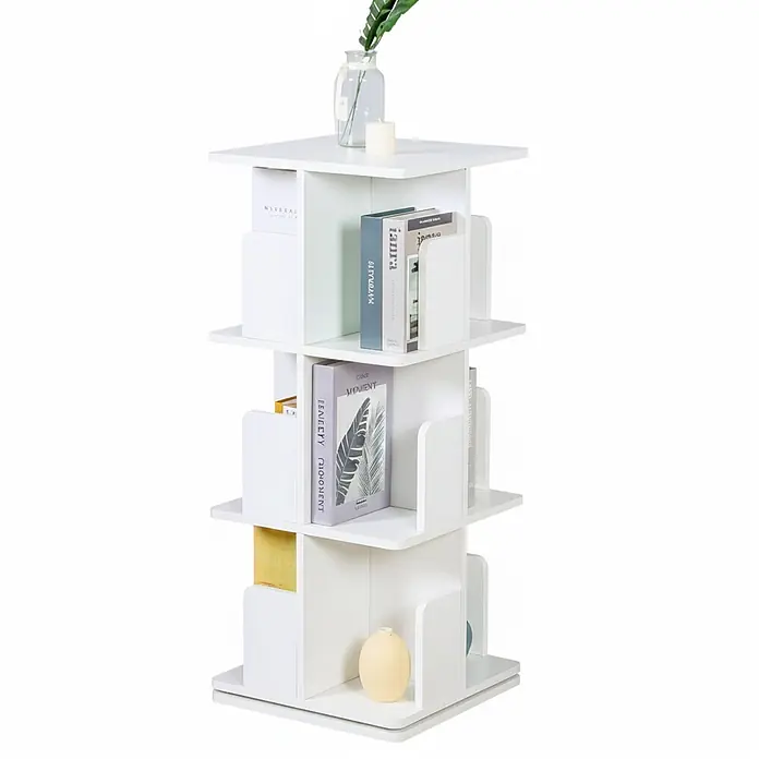 Floordirekt Holzregal Bücherregal Indiana mit 3 Etagen - Anzahl Böden: 12 Stk., Schrauben - Weißes, mehrstufiges, drehbares Bücherregal mit Büchern und Dekoartikeln.