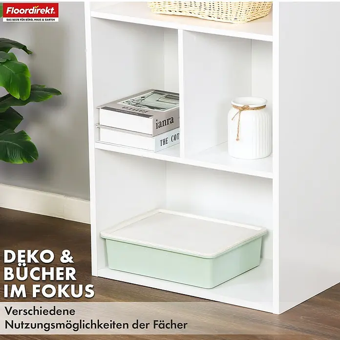 Floordirekt Holzregal Bücherregal California mit 6 Fächern - Anzahl Böden: 6 Stk., Schrauben - Weißes Regalsystem mit mehreren Fächern, dekoriert mit Büchern, einer Vase und einer Aufbewahrungsbox.