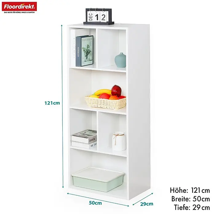 Floordirekt Holzregal Bücherregal California mit 6 Fächern - Anzahl Böden: 6 Stk., Schrauben - Weißes modulares Regal mit mehreren Fächern, 121x50x29 cm.