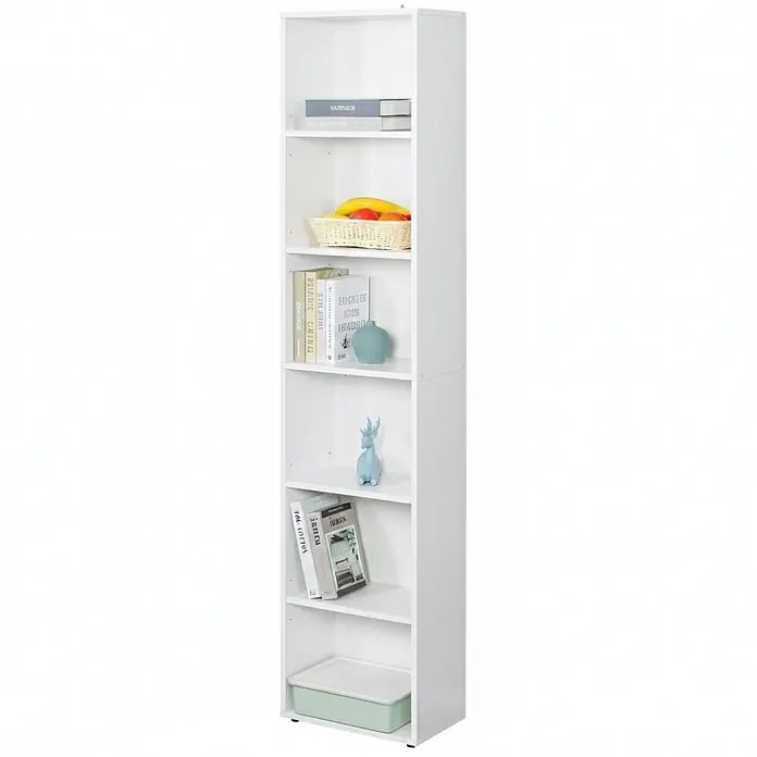 Floordirekt Holzregal Bücherregal Maine mit 6 Etagen - Anzahl Böden: 6 Stk., Schrauben - Schmaler, hoher weißer Bücherschrank mit sechs Regalböden, gefüllt mit Büchern, Deko und Aufbewahrungsgegenständen.