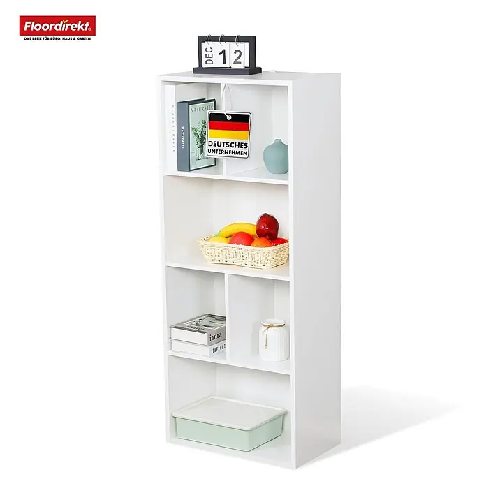 Floordirekt Holzregal Bücherregal California mit 6 Fächern - Anzahl Böden: 6 Stk., Schrauben - Weißes Würfelregal mit mehreren Fächern, gefüllt mit Büchern, einem Obstkorb und Dekorationsartikeln.