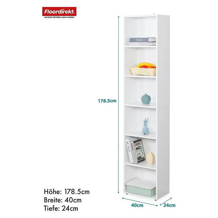 Floordirekt Holzregal Bücherregal Maine mit 6 Etagen - Anzahl Böden: 6 Stk., Schrauben - Weißes Regal mit sechs Fächern, gefüllt mit Büchern, Dekoartikeln und einer Aufbewahrungsbox.