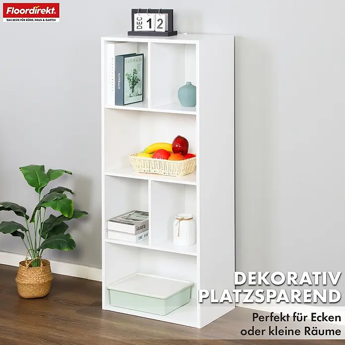 Floordirekt Holzregal Bücherregal California mit 6 Fächern - Anzahl Böden: 6 Stk., Schrauben - Weißes Eckregal mit mehreren offenen Fächern, platzsparend für kleine Räume.