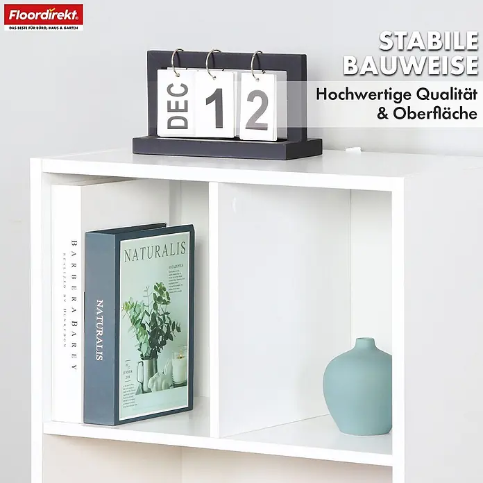 Floordirekt Holzregal Bücherregal California mit 6 Fächern - Anzahl Böden: 6 Stk., Schrauben - Weißes Würfelregal mit stabiler Bauweise und hochwertiger Oberfläche, bestückt mit Büchern und Deko.