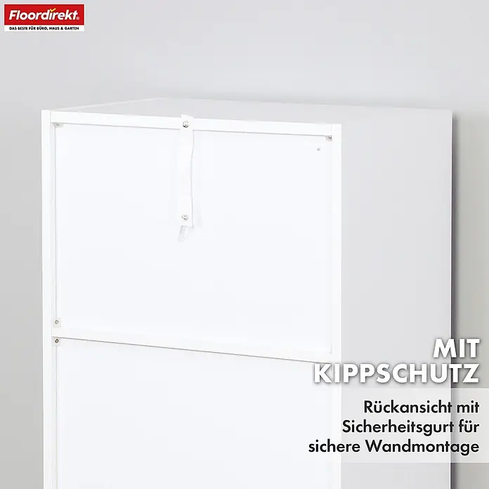 Floordirekt Holzregal Bücherregal California mit 6 Fächern - Anzahl Böden: 6 Stk., Schrauben - Weiße Schrankrückseite mit sichtbarem Kippschutzgurt zur sicheren Wandmontage.
