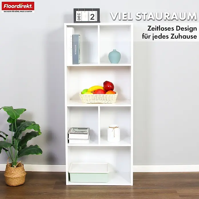 Floordirekt Holzregal Bücherregal California mit 6 Fächern - Anzahl Böden: 6 Stk., Schrauben - Weißes modulares Regal mit mehreren Fächern, gefüllt mit Büchern, Deko und Aufbewahrungsboxen, vielseitige Organisation.