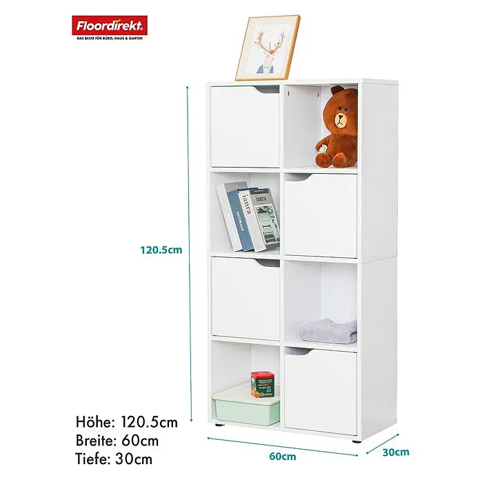 Floordirekt Holzregal Bücherregal Connecticut mit 8 Fächern - Anzahl Böden: 8 Stk., Schrauben - Weißes 8-Fächer-Würfelregal mit Türen und offenen Ablagen, 120.5cm hoch, 60cm breit, 30cm tief.