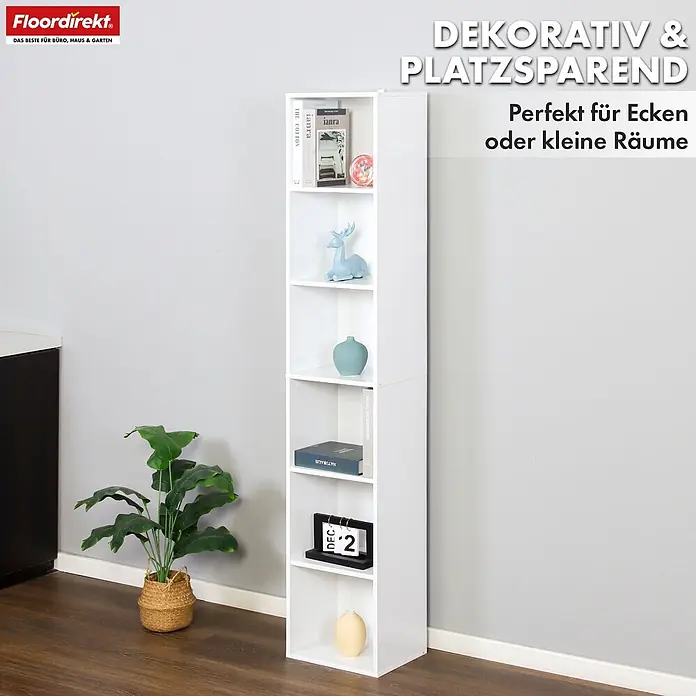 Floordirekt Holzregal Bücherregal Delaware mit 6 Ablagen - Anzahl Böden: 6 Stk., Schrauben - Weißes Eckregal mit mehreren Ablagen, ideal für Bücher und Dekoration in Ecken oder kleinen Räumen.