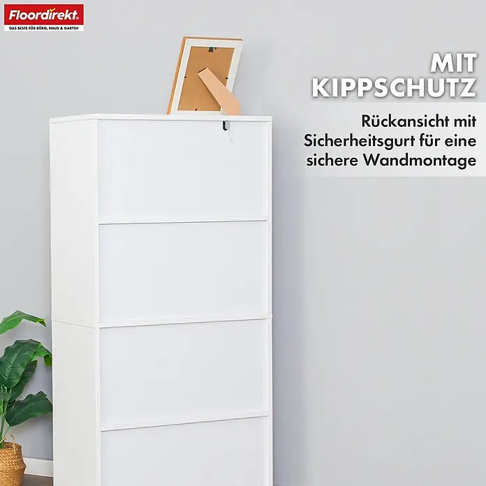 Floordirekt Holzregal Bücherregal Connecticut mit 8 Fächern - Anzahl Böden: 8 Stk., Schrauben - Weißer hoher Schuhschrank mit 4 Fächern und Kippschutz für sichere Wandmontage.