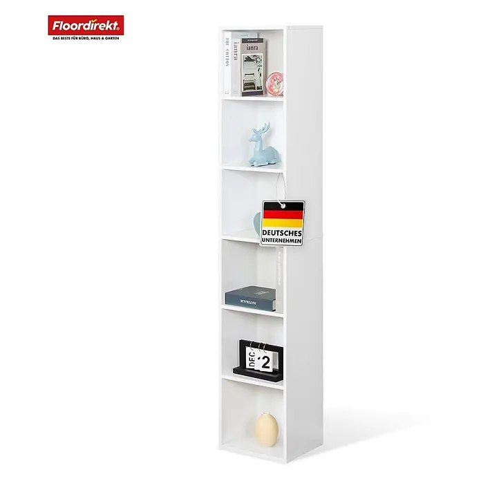 Floordirekt Holzregal Bücherregal Delaware mit 6 Ablagen - Anzahl Böden: 6 Stk., Schrauben - Weißes schmales Regal mit offenen Fächern.