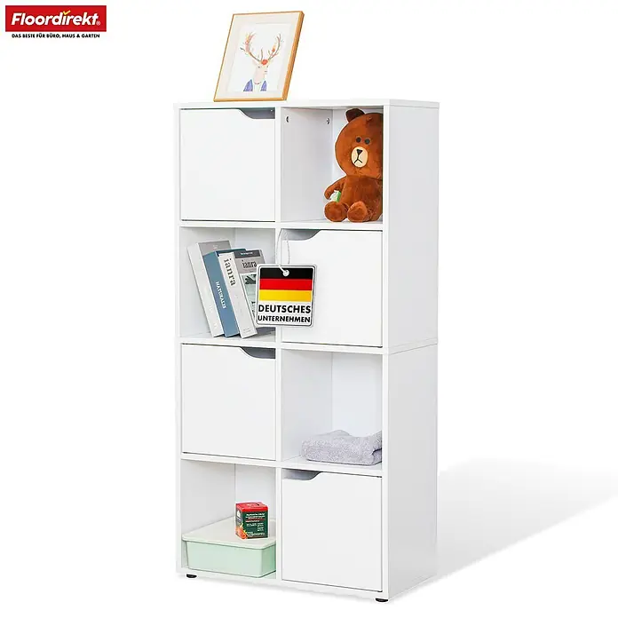Floordirekt Holzregal Bücherregal Connecticut mit 8 Fächern - Anzahl Böden: 8 Stk., Schrauben - Weißes 8-Fächer-Regal mit offenen und geschlossenen Abteilen.