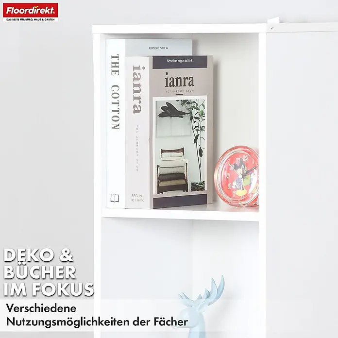 Floordirekt Holzregal Bücherregal Delaware mit 6 Ablagen - Anzahl Böden: 6 Stk., Schrauben - Weißes modulares Regal, das Bücher und Dekoartikel präsentiert und vielseitige Fächer zeigt.