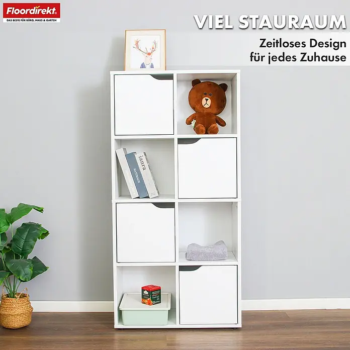 Floordirekt Holzregal Bücherregal Connecticut mit 8 Fächern - Anzahl Böden: 8 Stk., Schrauben - Weißes 8-Würfel-Regal mit offenen und geschlossenen Fächern, das verschiedene Gegenstände wie Bücher und einen Teddybären enthält.