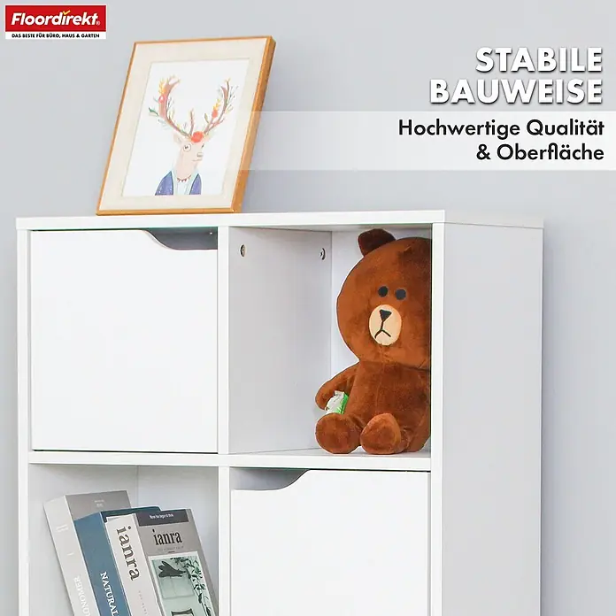 Floordirekt Holzregal Bücherregal Connecticut mit 8 Fächern - Anzahl Böden: 8 Stk., Schrauben - Weißes Würfelregal mit offenen Fächern und geschlossenen Türen für vielseitige Aufbewahrung.
