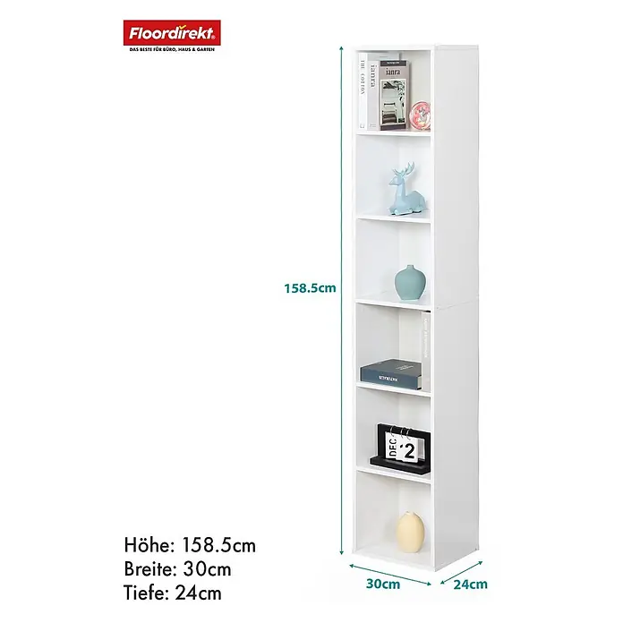 Floordirekt Holzregal Bücherregal Delaware mit 6 Ablagen - Anzahl Böden: 6 Stk., Schrauben - Hohes, schmales weißes Regal mit 6 offenen Fächern, Maße 158.5x30x24cm (HxBxT).